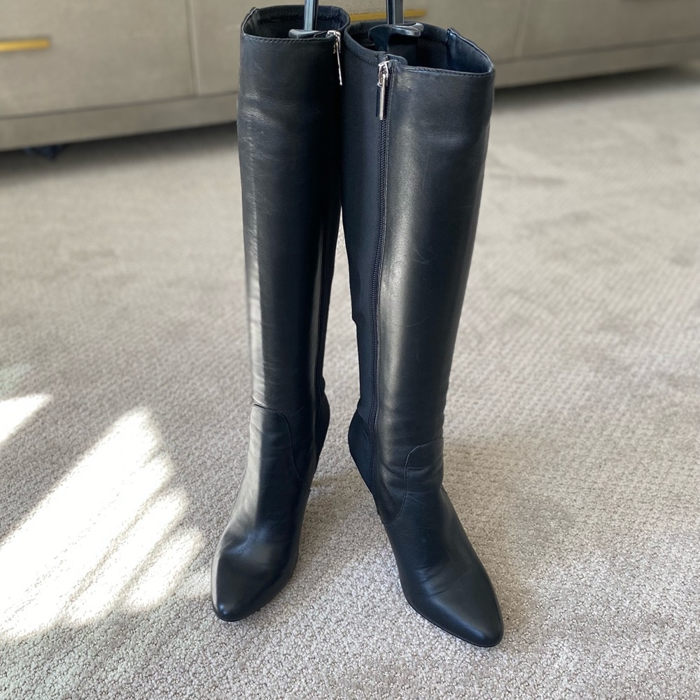 Black leather heeled boots